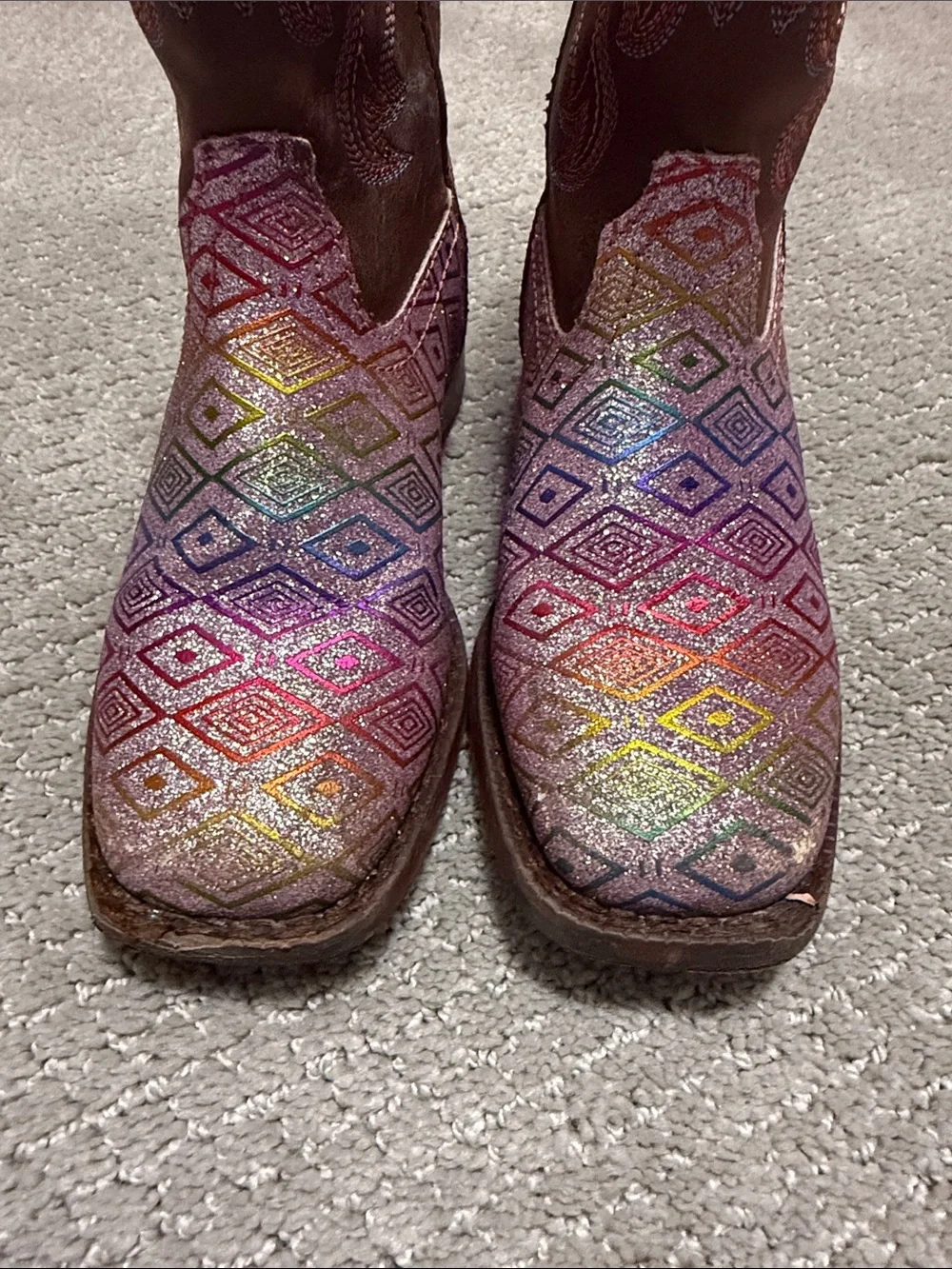 Roper Kids Brown Shaft Rainbow Diamond-Print Cowboy Boots